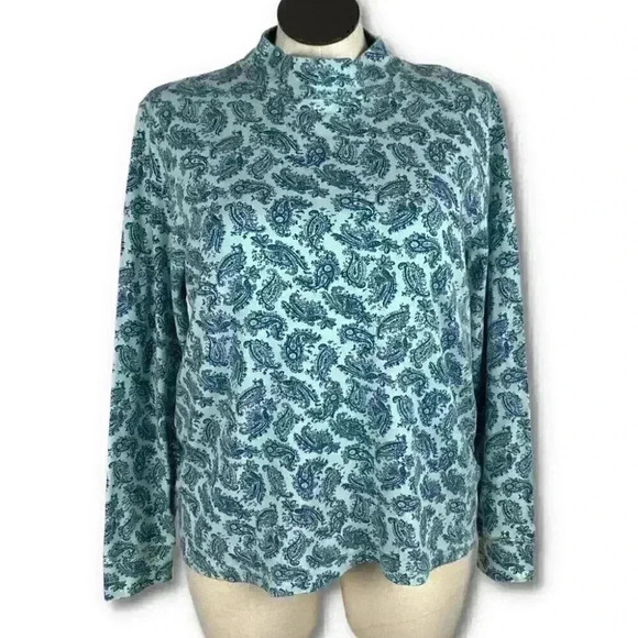 Lands end womens long sleeve top size L blue Paisley mock neck - Picture 1 of 9